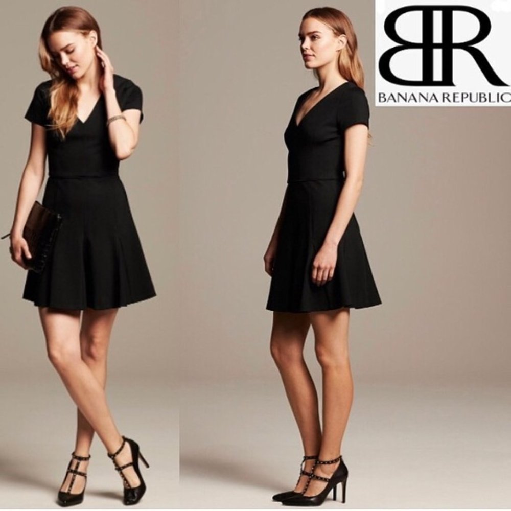 Banana Republic Size 12 Women's Black Ponte Fit & Flare Short Sleeve Dress